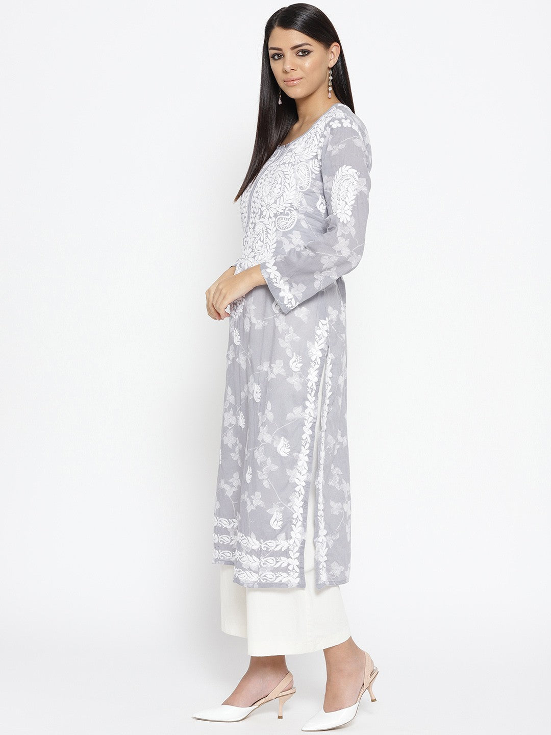 Ada Hand Embroidered Grey Cotton Lucknow Chikankari Straight Kurta– A100112