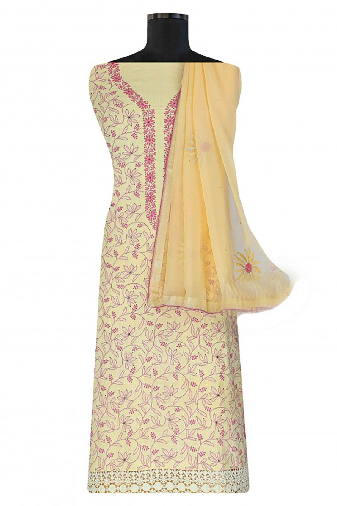 Ada Hand Embroidered Lemon Linen Lucknowi Chikankari Unstitched Kurta Dupatta With Muqaish Work A206684