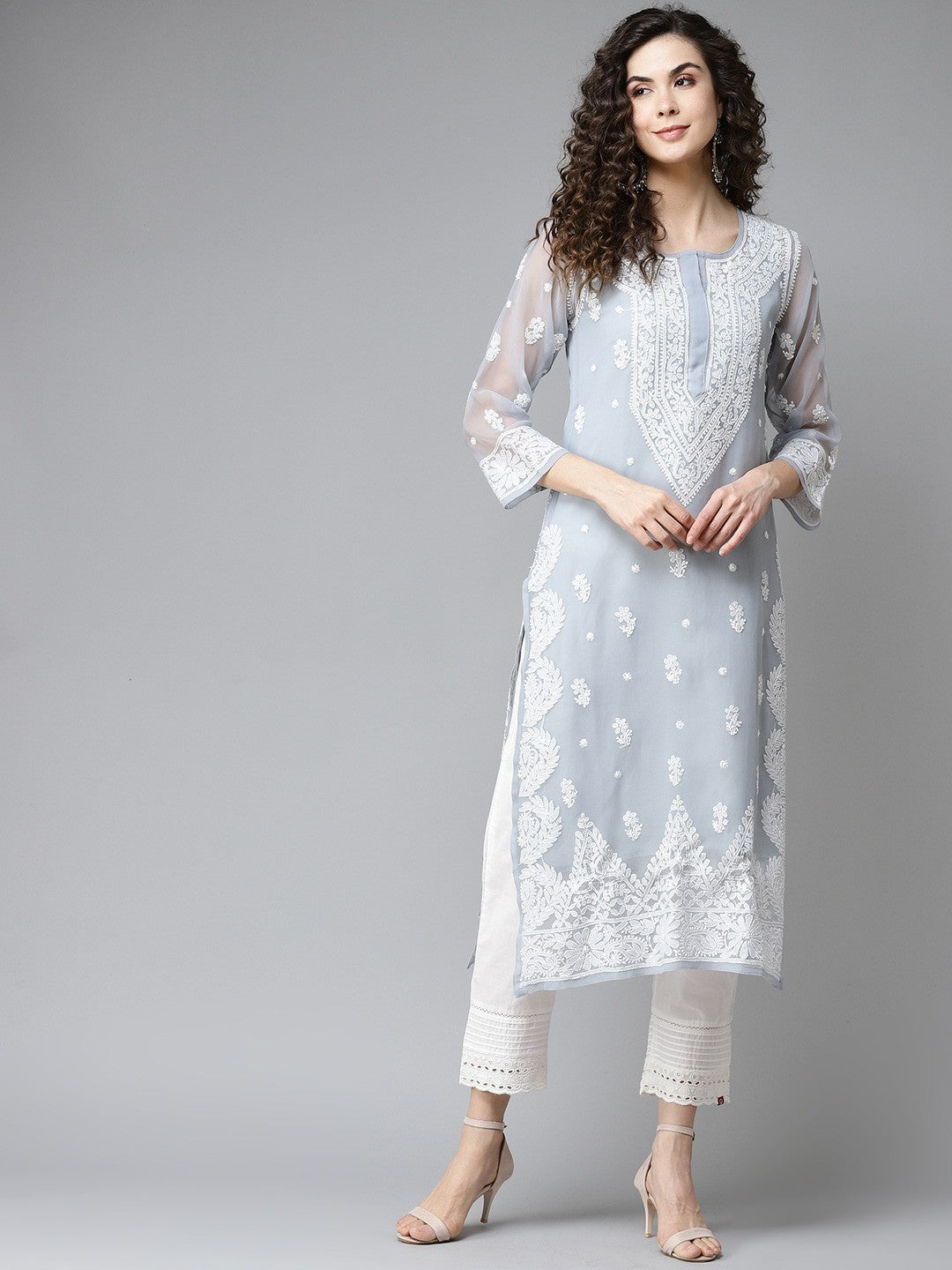 Ada Hand Embroidered Grey Georgette Lucknowi Chikankari Straight Kurta With Slip A411196