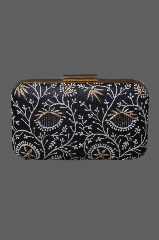 Ada Hand Embroidered Black Silk Lucknow Chikankari Clutch-A601426