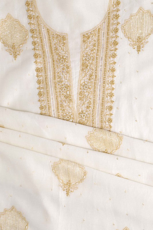 Ada Hand Embroidered Off White Chanderi Lucknowi Chikankari Unstitched Kurta Dupatta Set With Pearl Work 01A86296