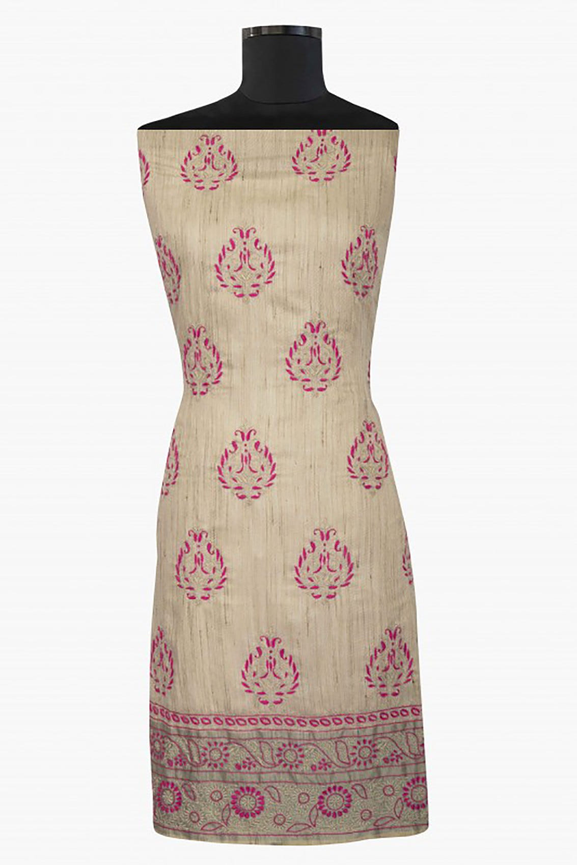 Ada Hand Embroidered Fawn Chanderi Lucknowi Chikankari Unstitched Kurta Dupatta Set A123224