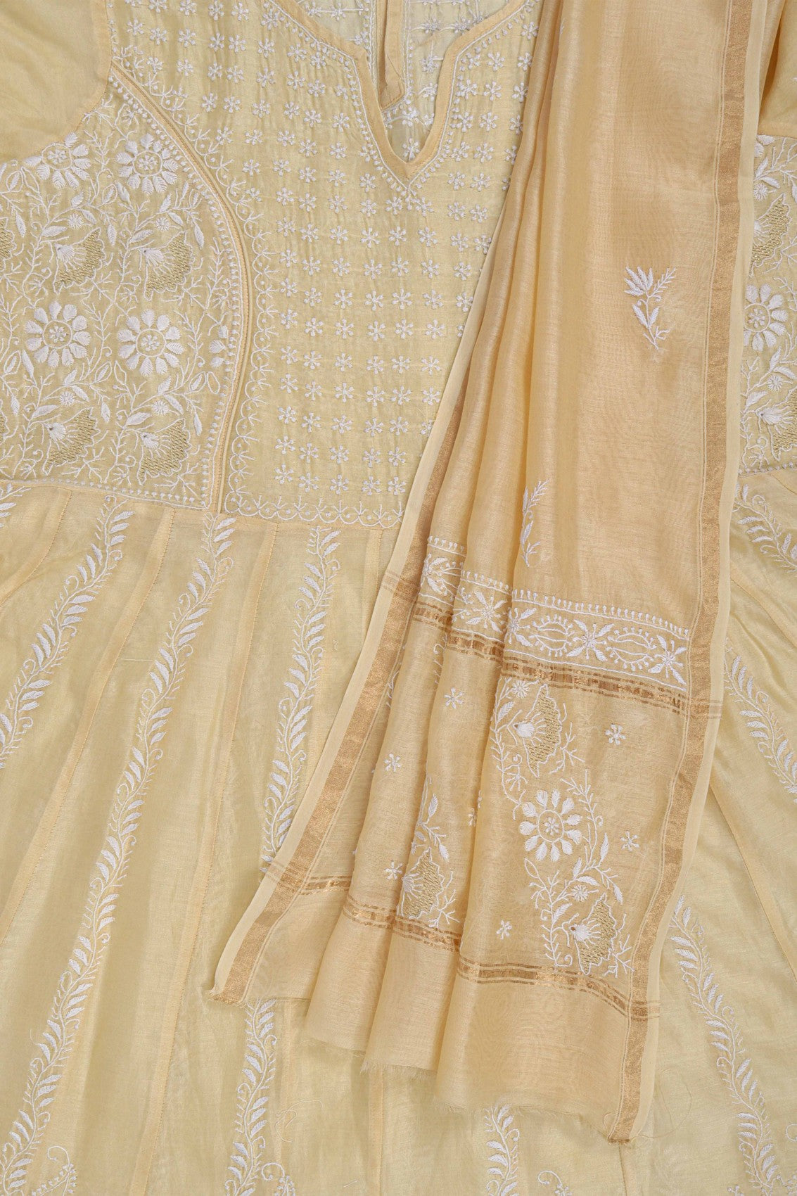 Ada Hand Embroidered Fawn Chanderi Lucknowi Chikankari Semi-Stitched Anarkali Kurta Dupatta Set 01A205808