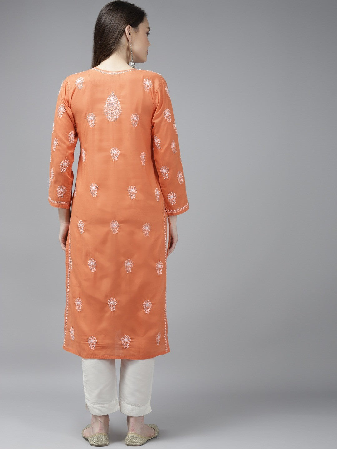 Ada Hand Embroidered Rust Cotton Lucknow Chikan Straight Kurta A353228