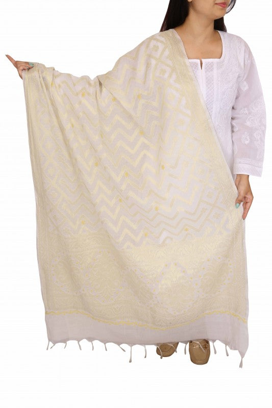 Ada Hand Embroidered Off White Chanderi Lucknowi Chikankari Dupatta-A608067