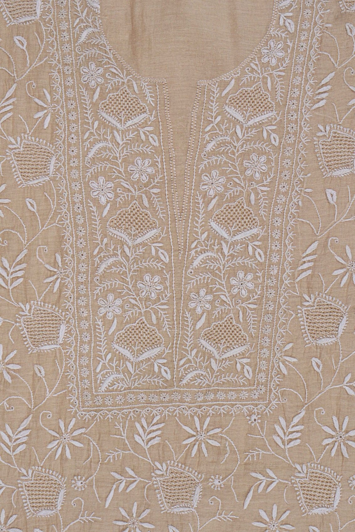 Ada Hand Embroidered Natural Fawn Tissue Lucknowi Chikankari Unstitched Kurta Dupatta Set 01A213418