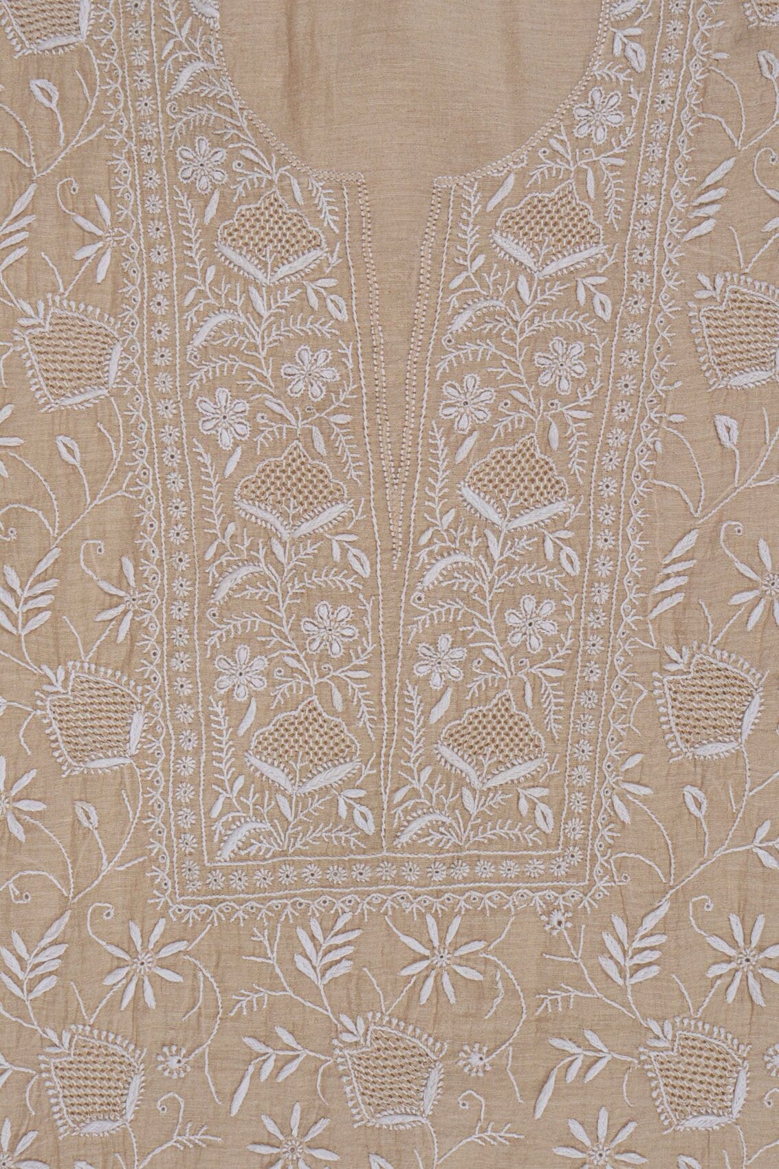 Ada Hand Embroidered Natural Fawn Tissue Lucknowi Chikankari Unstitched Kurta Dupatta Set 01A213418