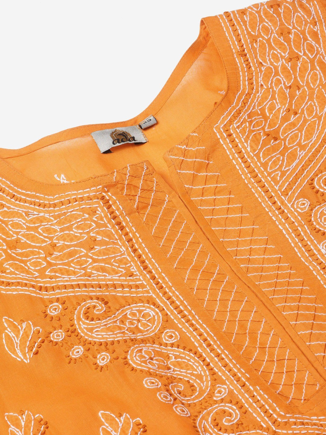 Ada Hand Embroidered Mustard Cotton Lucknowi Chikankari Straight Kurta With Trouser Set A811152