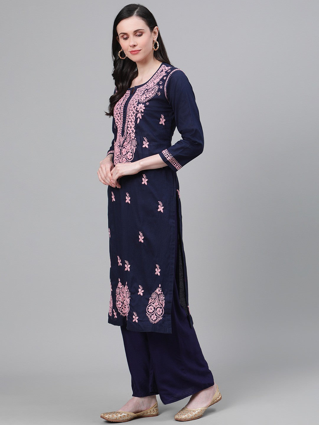 Ada Hand Embroidered Navy Blue Cotton Lucknowi Chikankari Straight Kurta A411144