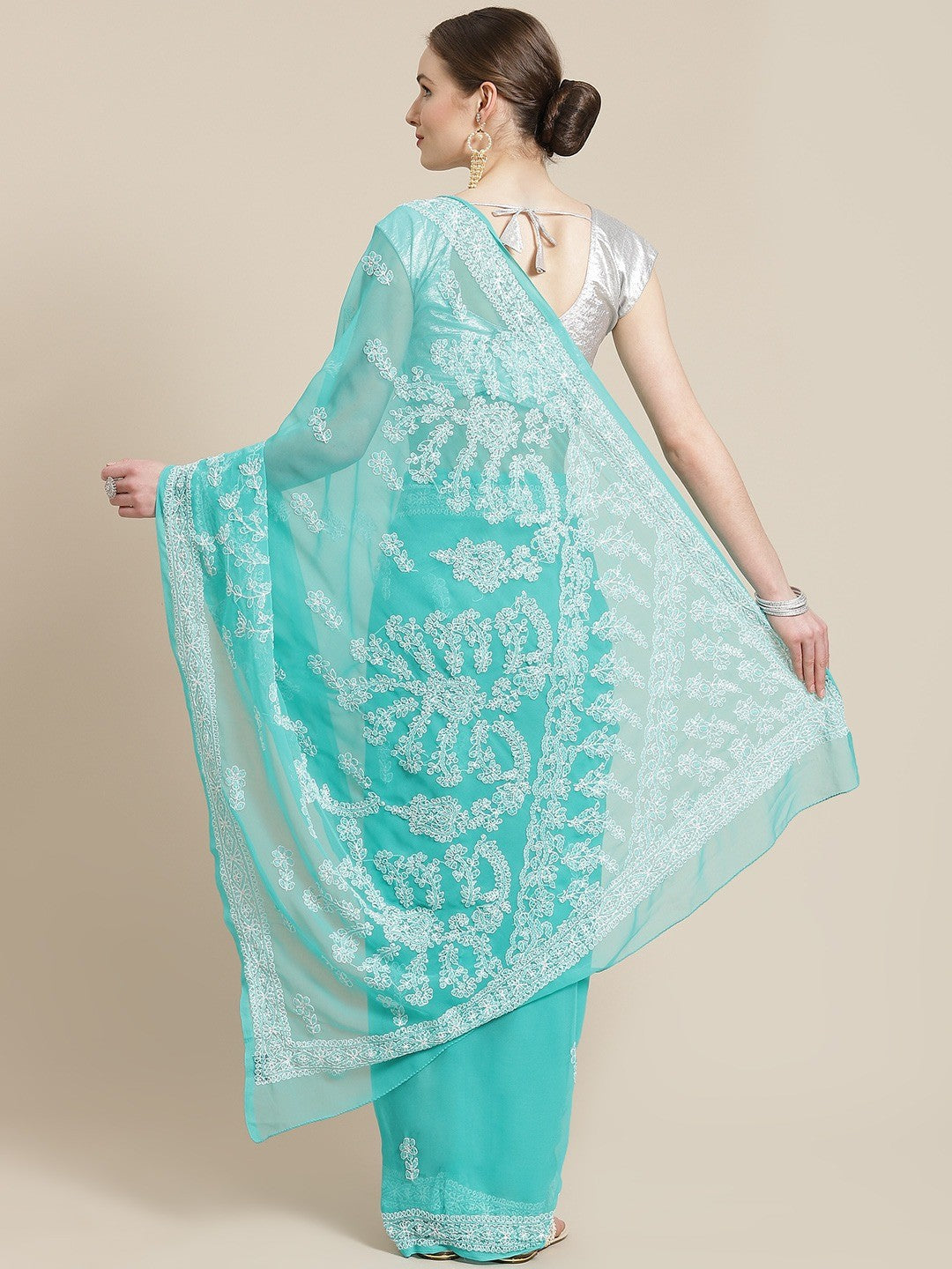 Ada Hand Embroidered Sea Green Georgette Lucknow Chikan Saree With Blouse-A311245