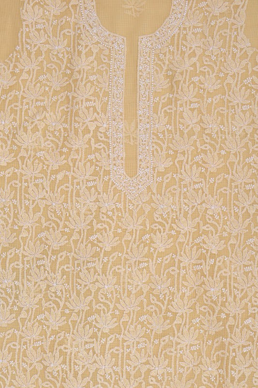 Ada Hand Embroidered Beige Kota Lucknowi Chikankari Unstitched Kurta Dupatta Set 01A160500
