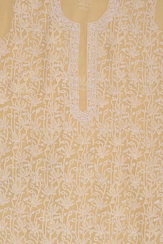 Ada Hand Embroidered Beige Kota Lucknowi Chikankari Unstitched Kurta Dupatta Set 01A160500