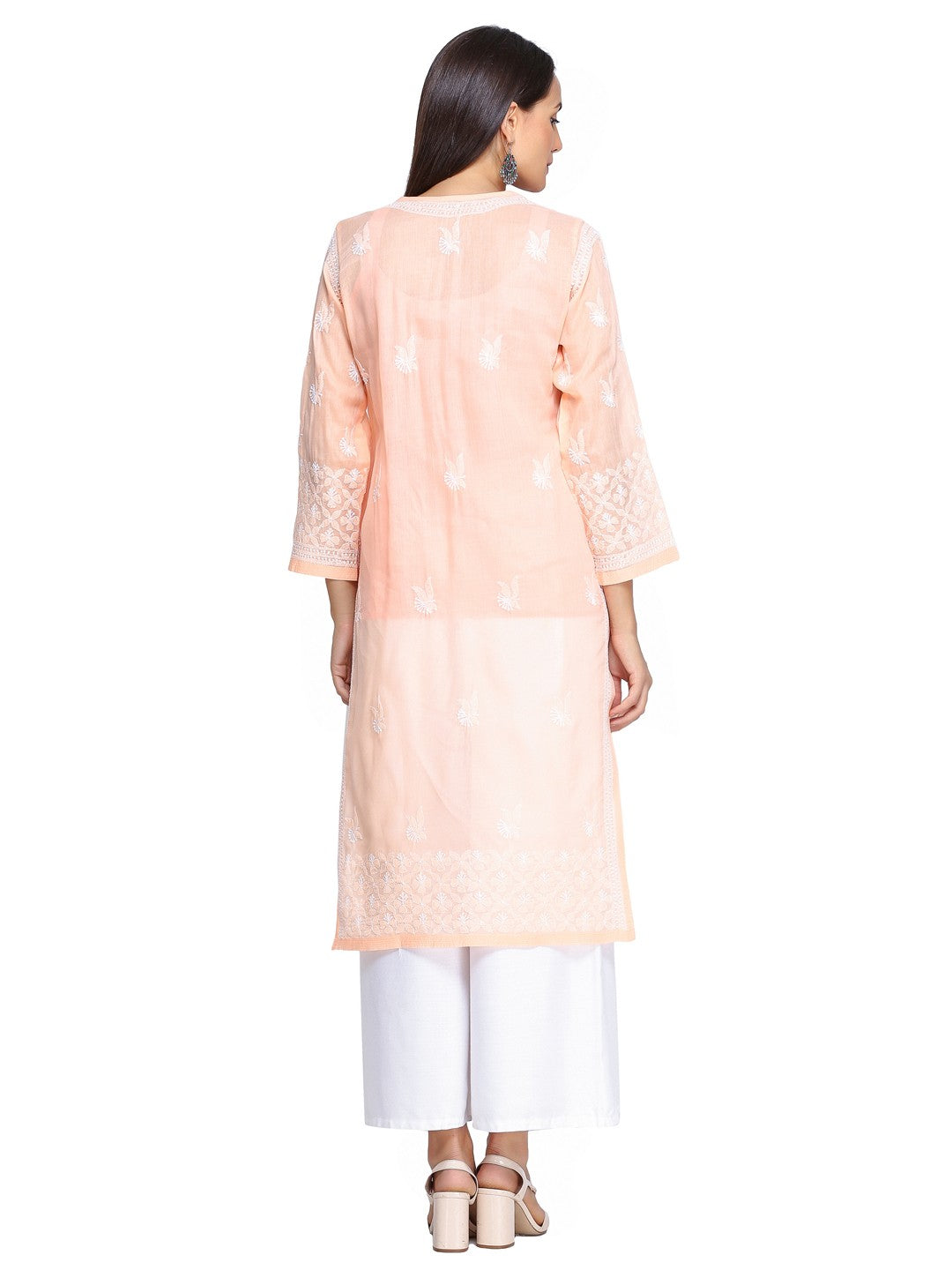 Ada Hand Embroidered Peach Cotton Lucknowi Chikankari Straight  Kurta A249258