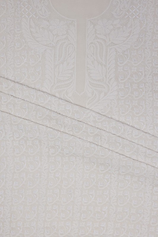 Ada Hand Embroidered White Pure Georgette Lucknowi Chikan Unstitched Kurta Dupatta Set A449761