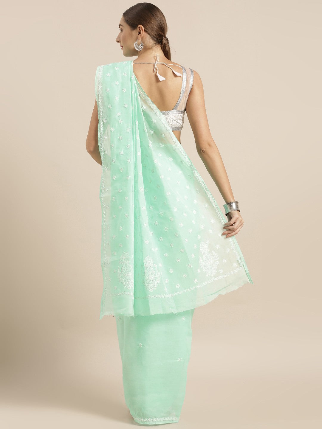 Ada Hand Embroidered Sea Green Cotton Lucknow Chikan Saree With Blouse- A346154