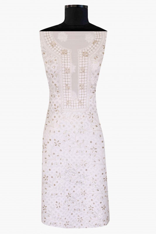 Ada Hand Embroidered White Georgette Chikan Unstitched Kurta Piece- A619732