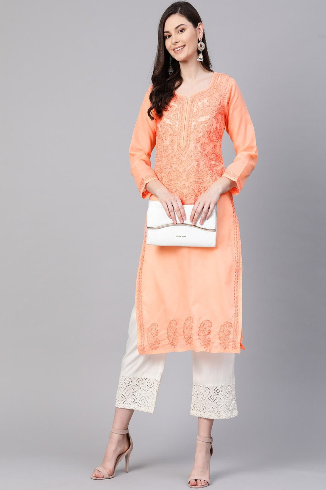 Ada Hand Embroidered Peach Cotton Lucknowi Chikankari Straight Kurta A100369