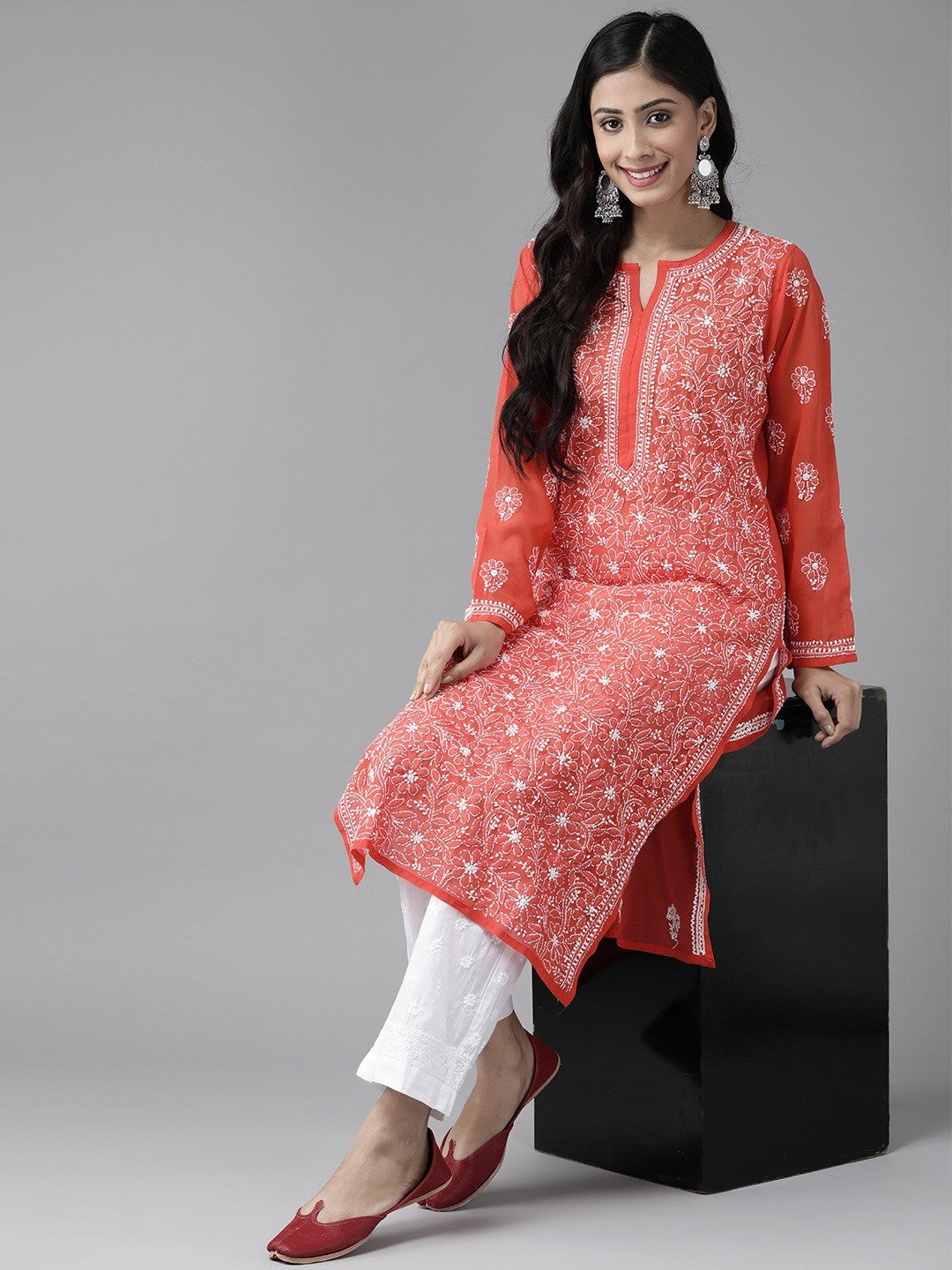 Ada Hand Embroidered Red Georgette Lucknowi Chikankari Kurta Set A811168