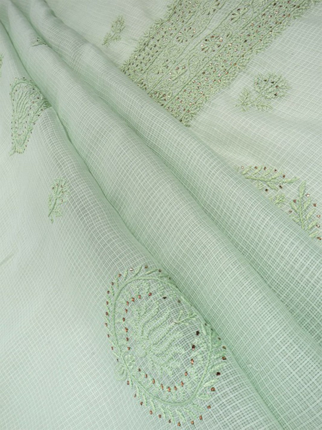 Ada Hand Embroidered Pista Green Kota Lucknowi Chikan Unstitched Kurta Dupatta Set With Muqaish Work A614846