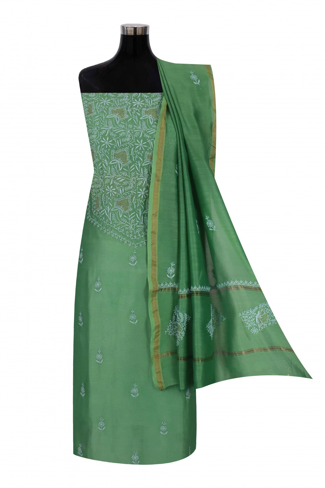Ada Hand Embroidered Pickle Green Chanderi Lucknowi Chikankari Semi-stitched Kurta Dupatta Set With Zari Work 01A129514
