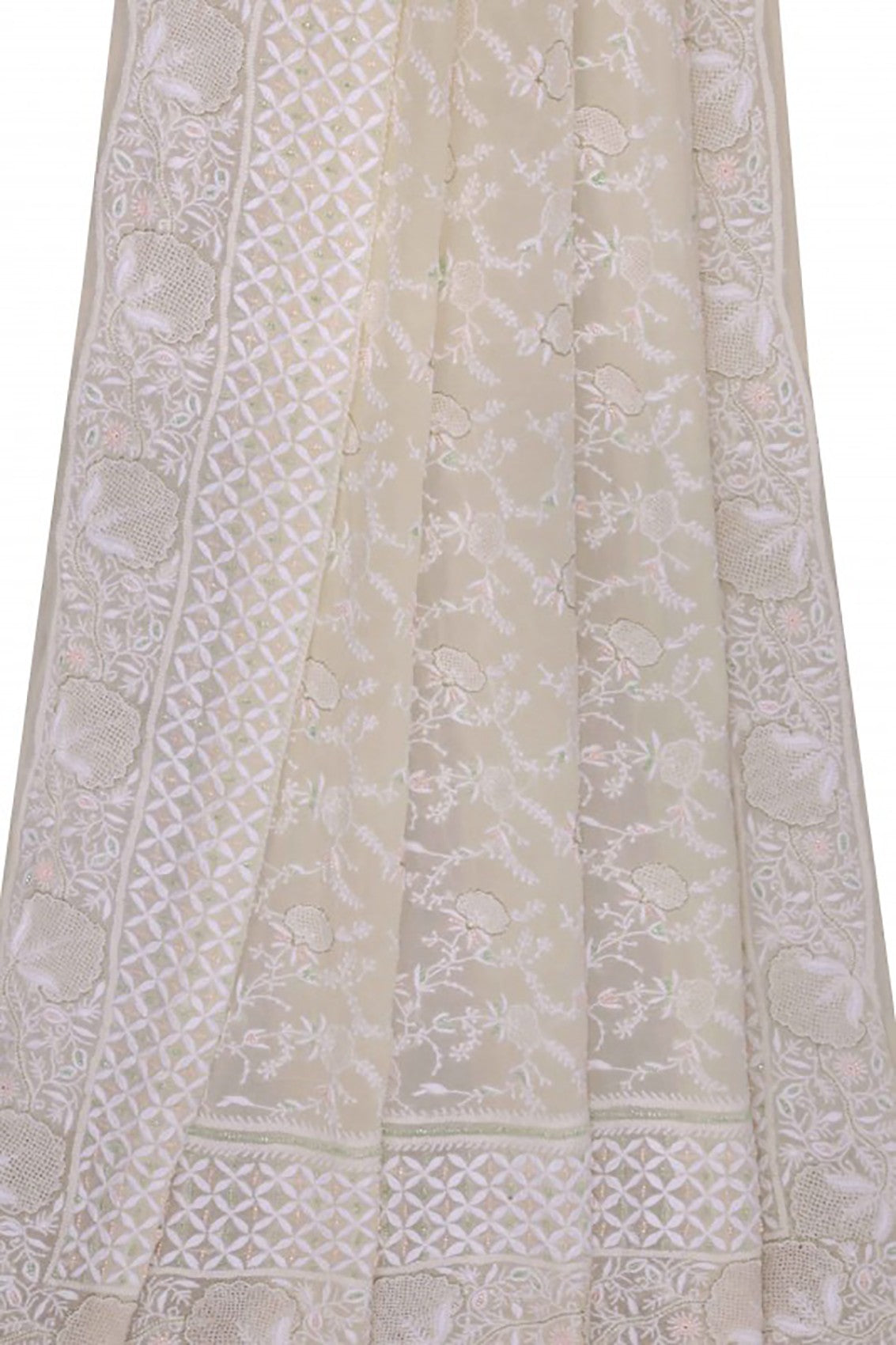 Ada Hand Embroidered White Pure Georgette Lucknowi Chikankari Dupatta With Pearl Work 01A100943