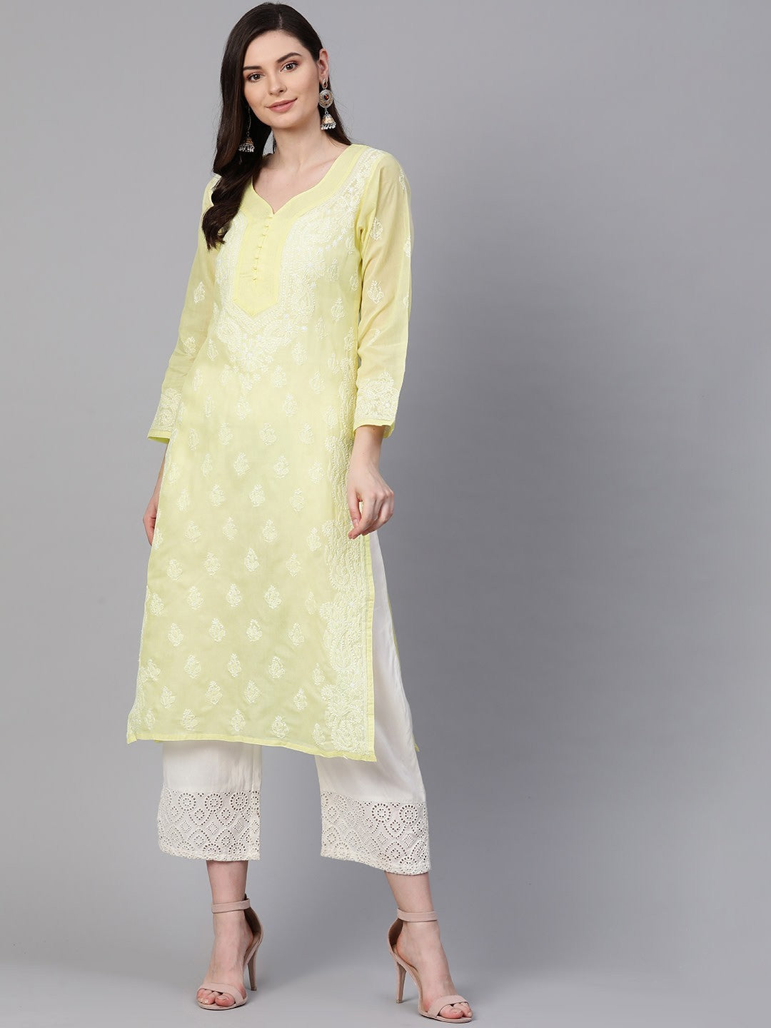 Ada Hand Embroidered Lemon Cotton Lucknowi Chikankari Straight Kurta A100355