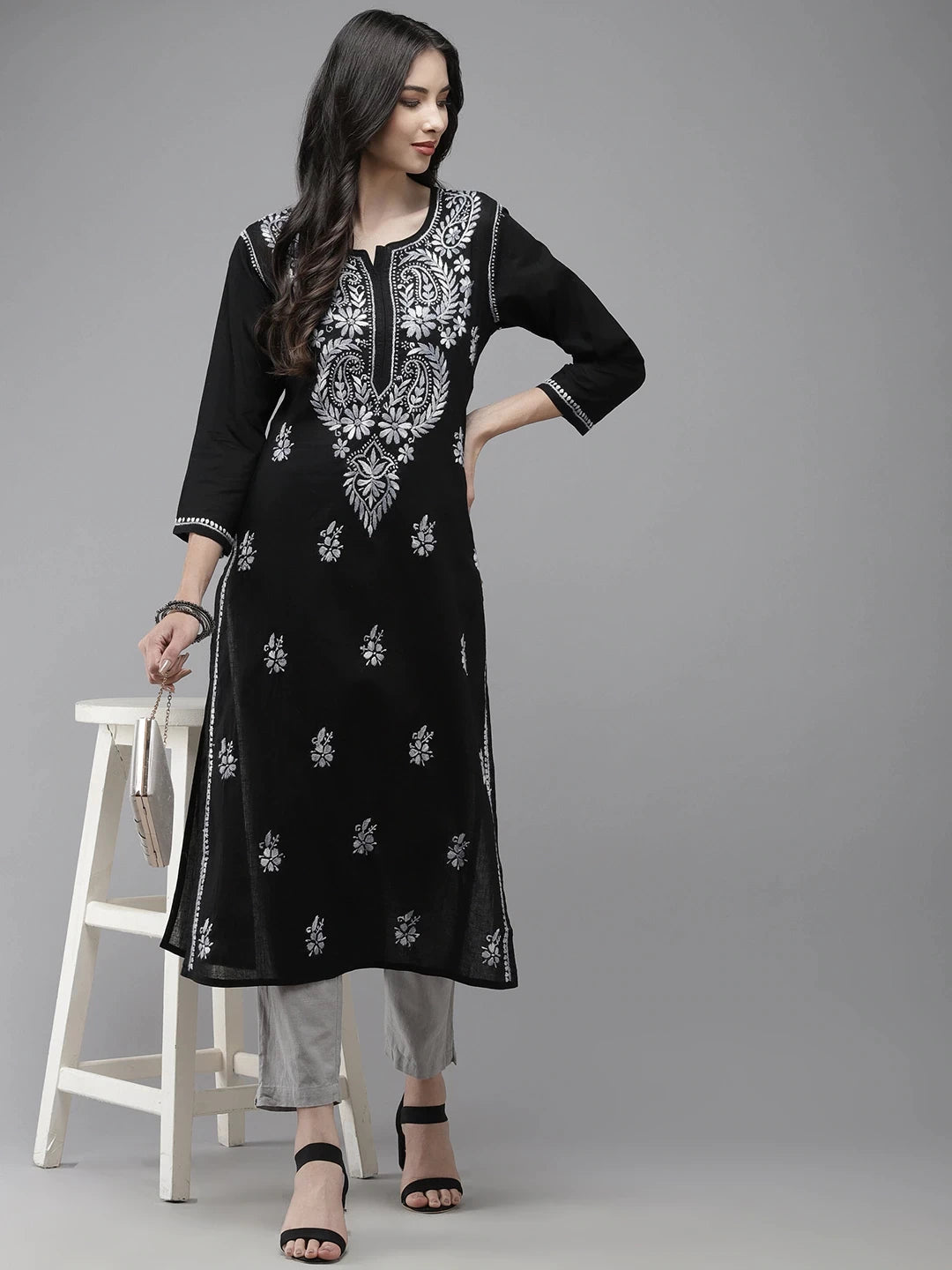 Ada Hand Embroidered Black Cotton Lucknow Chikankari Straight Kurta A411280
