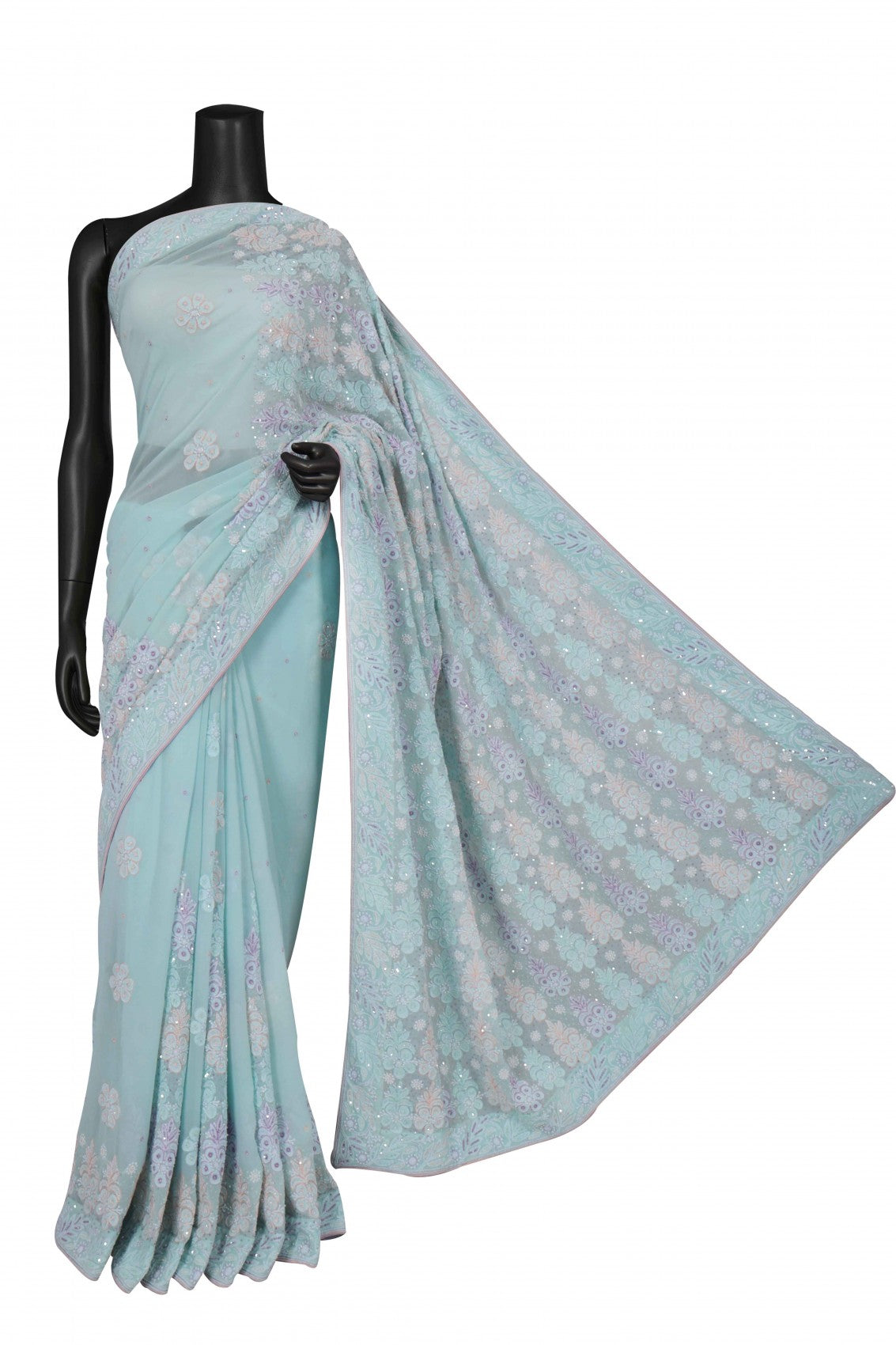 Ada Hand Embroidered Mint Green Pure Georgette Lucknowi Chikankari Saree/Blouse With Pearl Work 01A160567