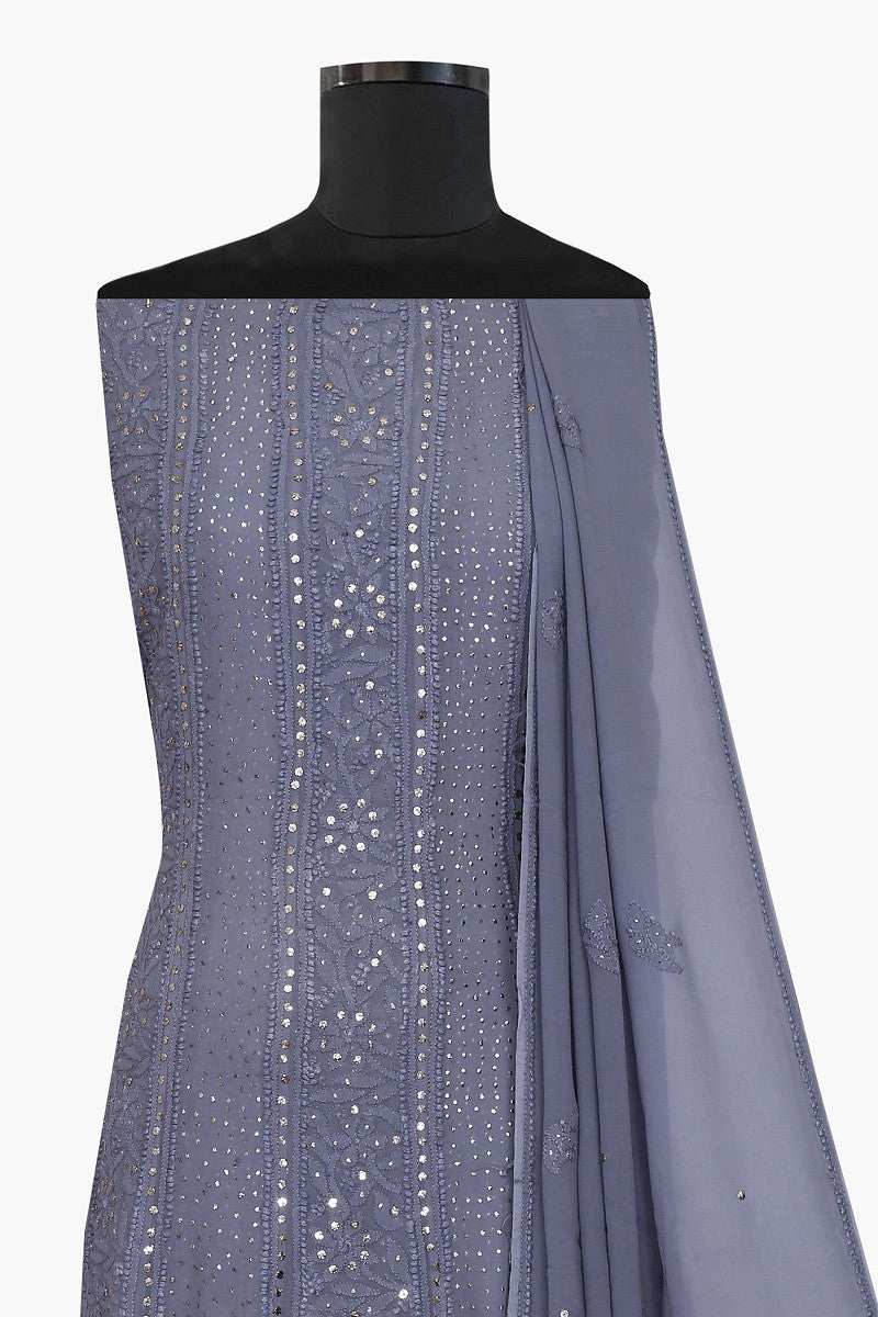Ada Hand Embroidered Steel Grey Pure Georgette Lucknowi Chikankari Semi-stitched Anarkali Set with Muqaish Work – A588083