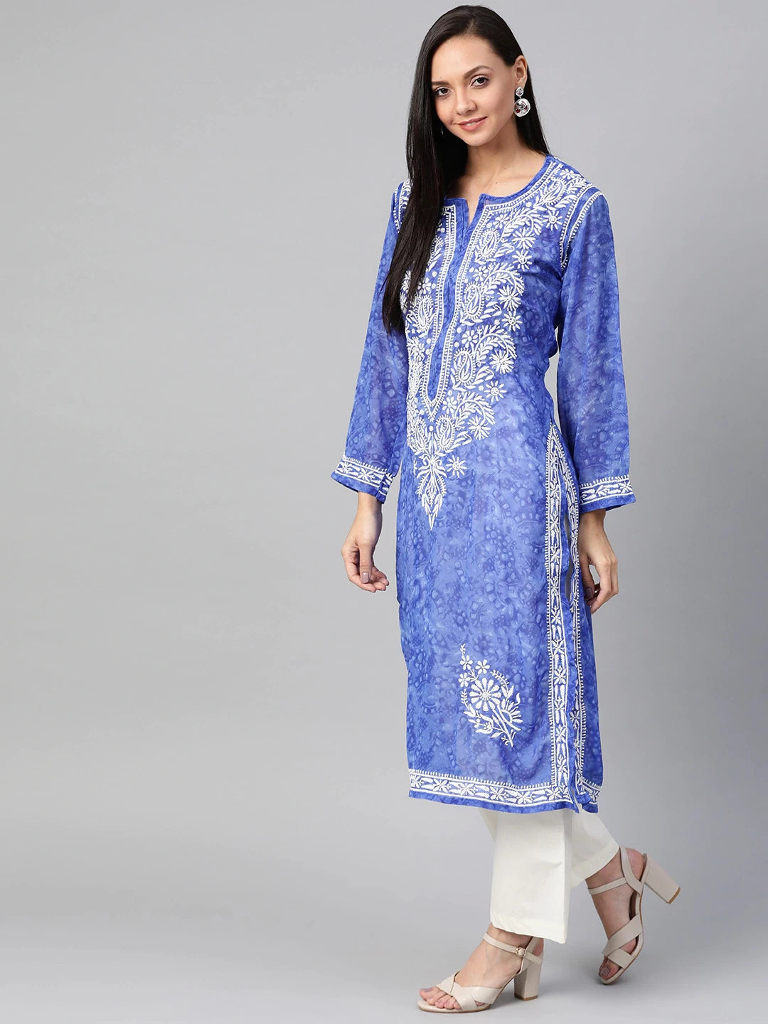 Ada Hand Embroidered Royal Blue Faux Georgette Lucknow Chikankari Kurta- A100462