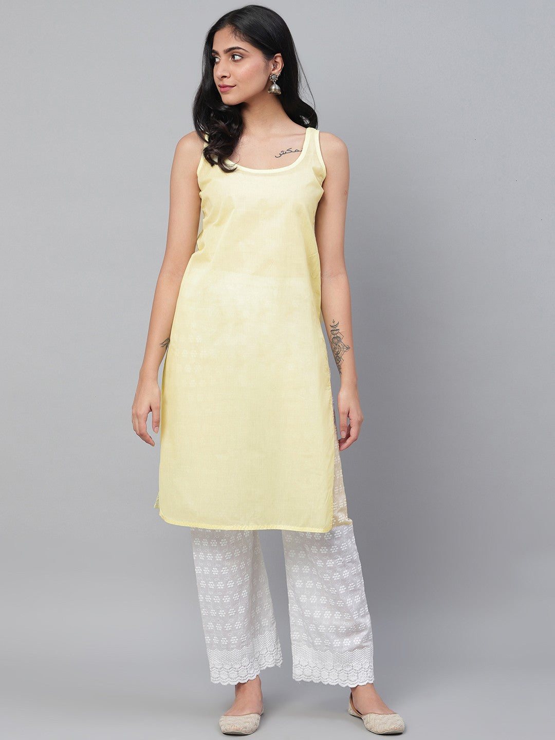Ada Hand Embroidered Yellow Georgette Lucknowi Chikankari Straight Kurta/Slip with Gota patti Work A411111