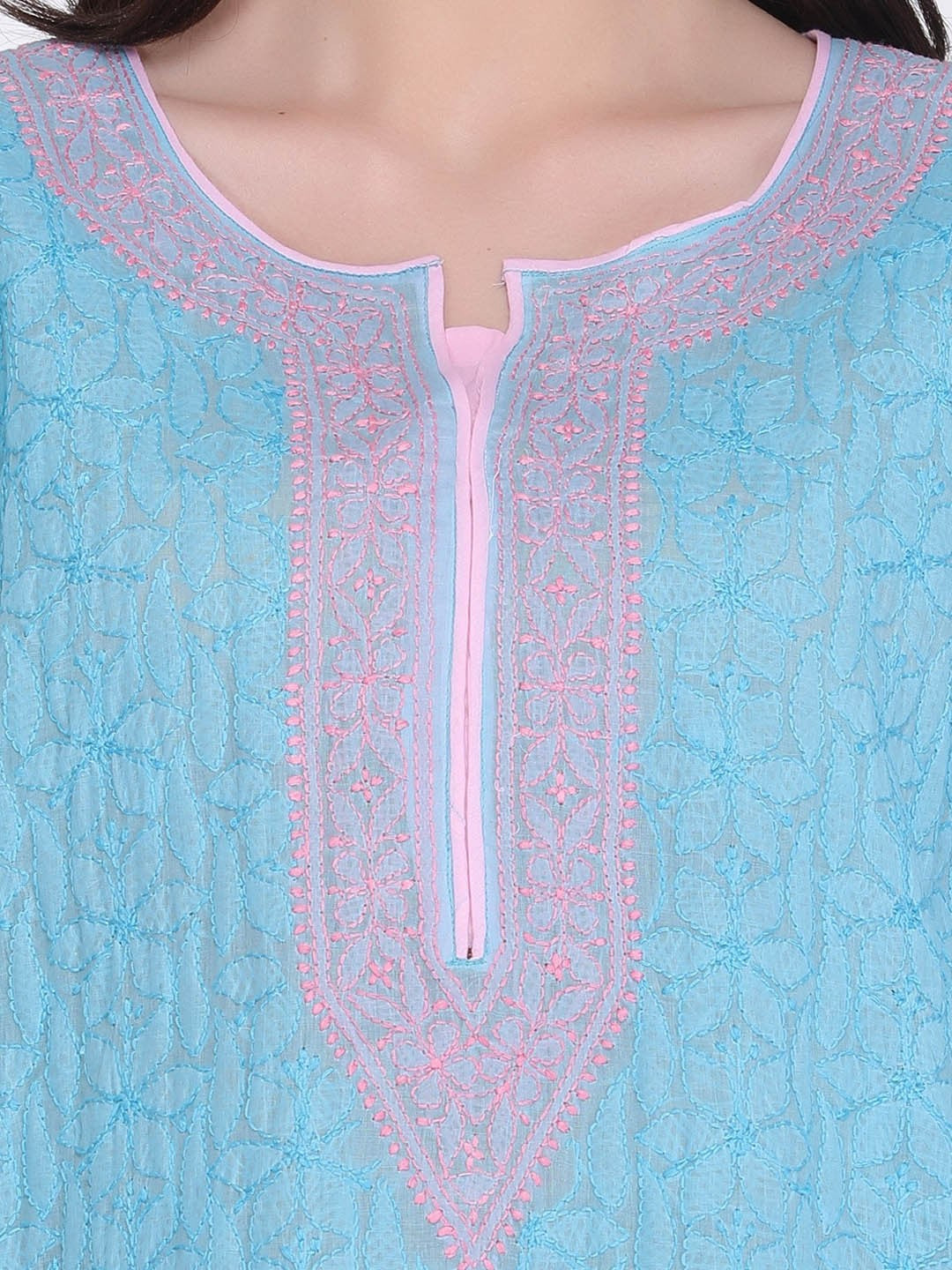 Ada Hand Embroidered Blue Cotton Lucknow Chikan Straight Kurta- A285192
