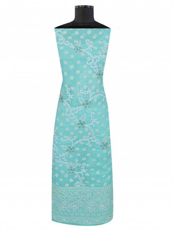 Ada Hand Embroidered Sea Green Cotton Lucknowi Chikankari Unstitched Suit Piece With Pearl Work 01A184312