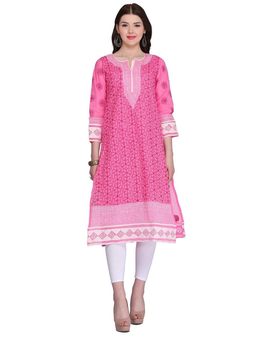 Ada Hand Embroidered Pink Cotton Lucknow Chikan Kurti- A272678