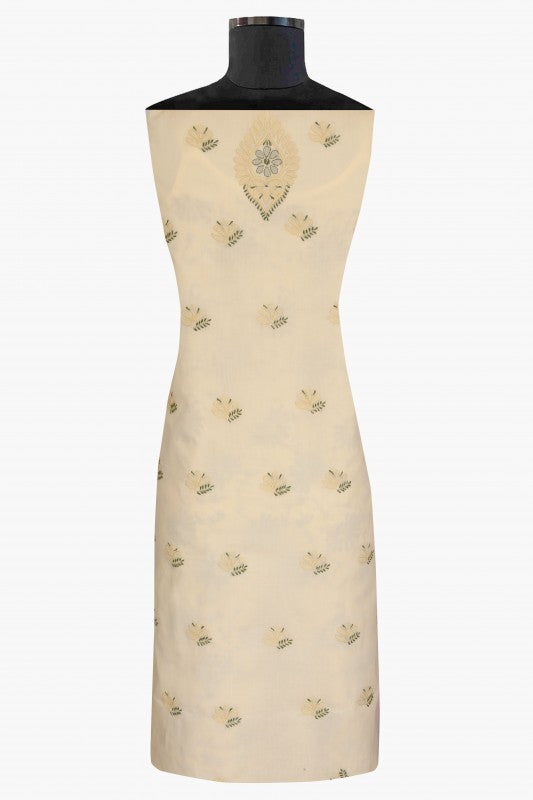 Ada Hand Embroidered Cream Cotton Lucknowi Chikan Unstitched Suit Piece- A100306