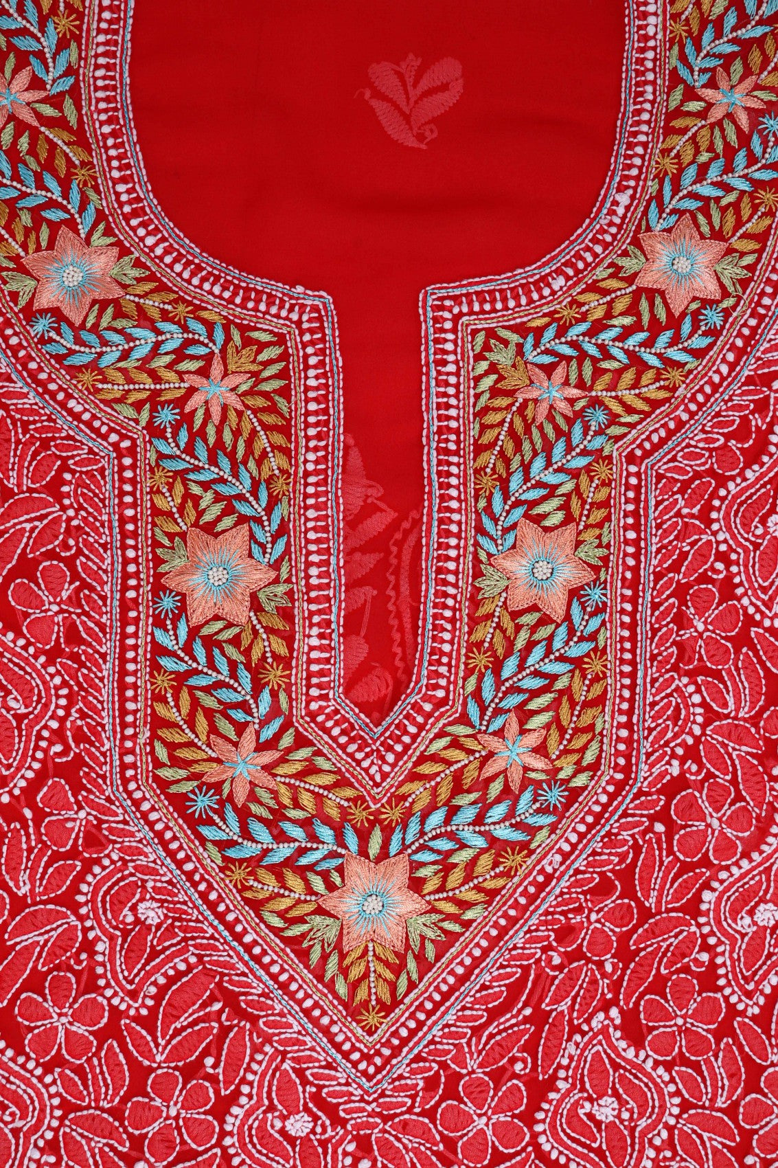 Ada Hand Embroidered Red Georgette Lucknowi Chikankari Unstitched Suit Piece With Pearl Work 01A146081