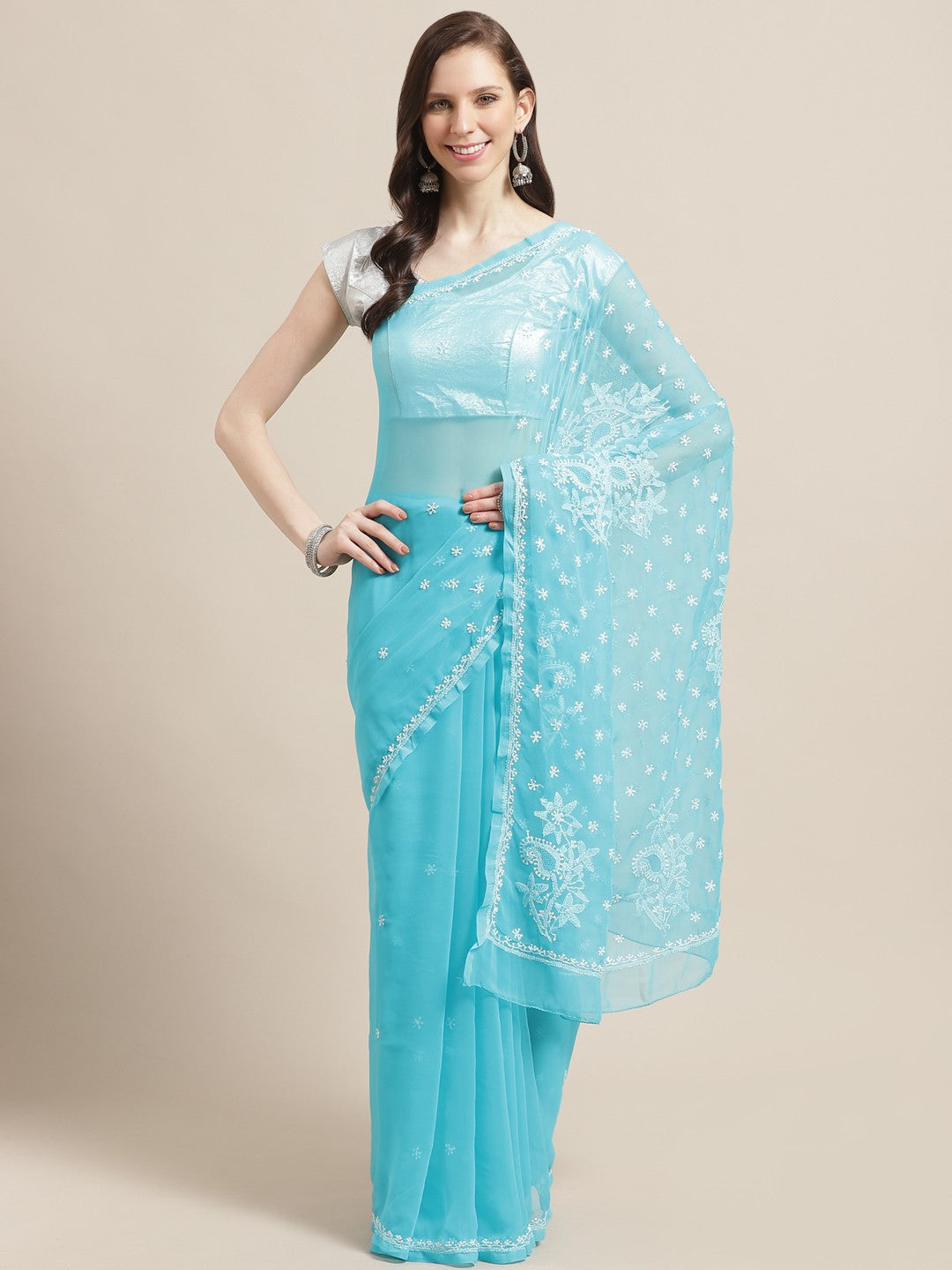 Ada Hand Embroidered Blue Georgette Lucknow Chikan Saree With Blouse - A233469