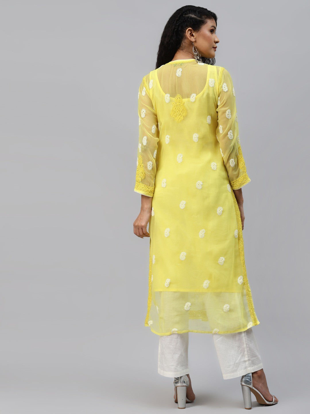 Ada Hand Embroidered Yellow Georgette Lucknow Chikankari Kurta with Slip A223986