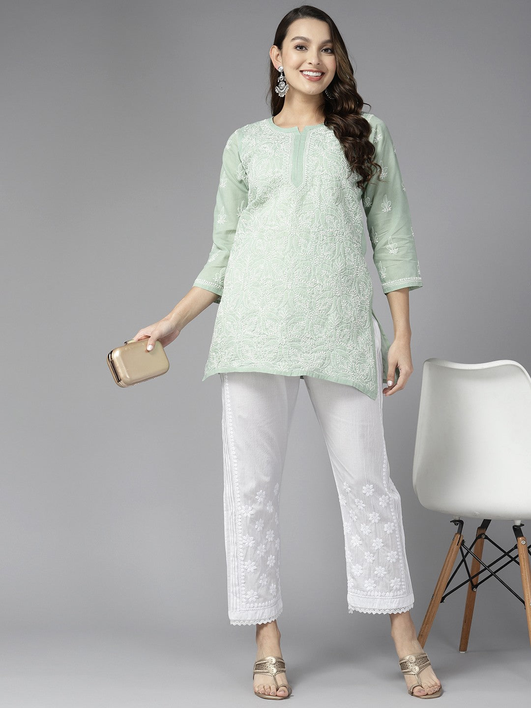 Ada Hand Embroidered White Cotton Lucknowi Chikankari Pant A711172