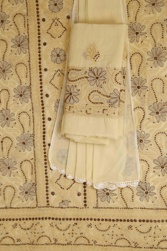 Ada Hand Embroidered Fawn Cotton Chikan Unstitched Suit Piece A585347