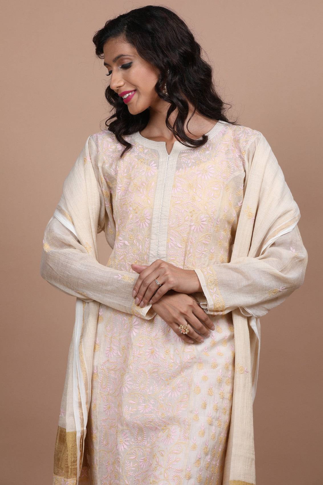 Ada Hand Embroidered Fawn Tissue Lucknowi Chikankari Semi-stitched Kurta Dupatta Set 01A224153
