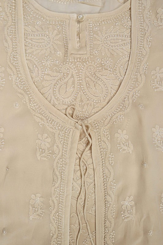 Ada Hand Embroidered Fawn Georgette Lucknowi Chikankari Front Open Kurta A616800
