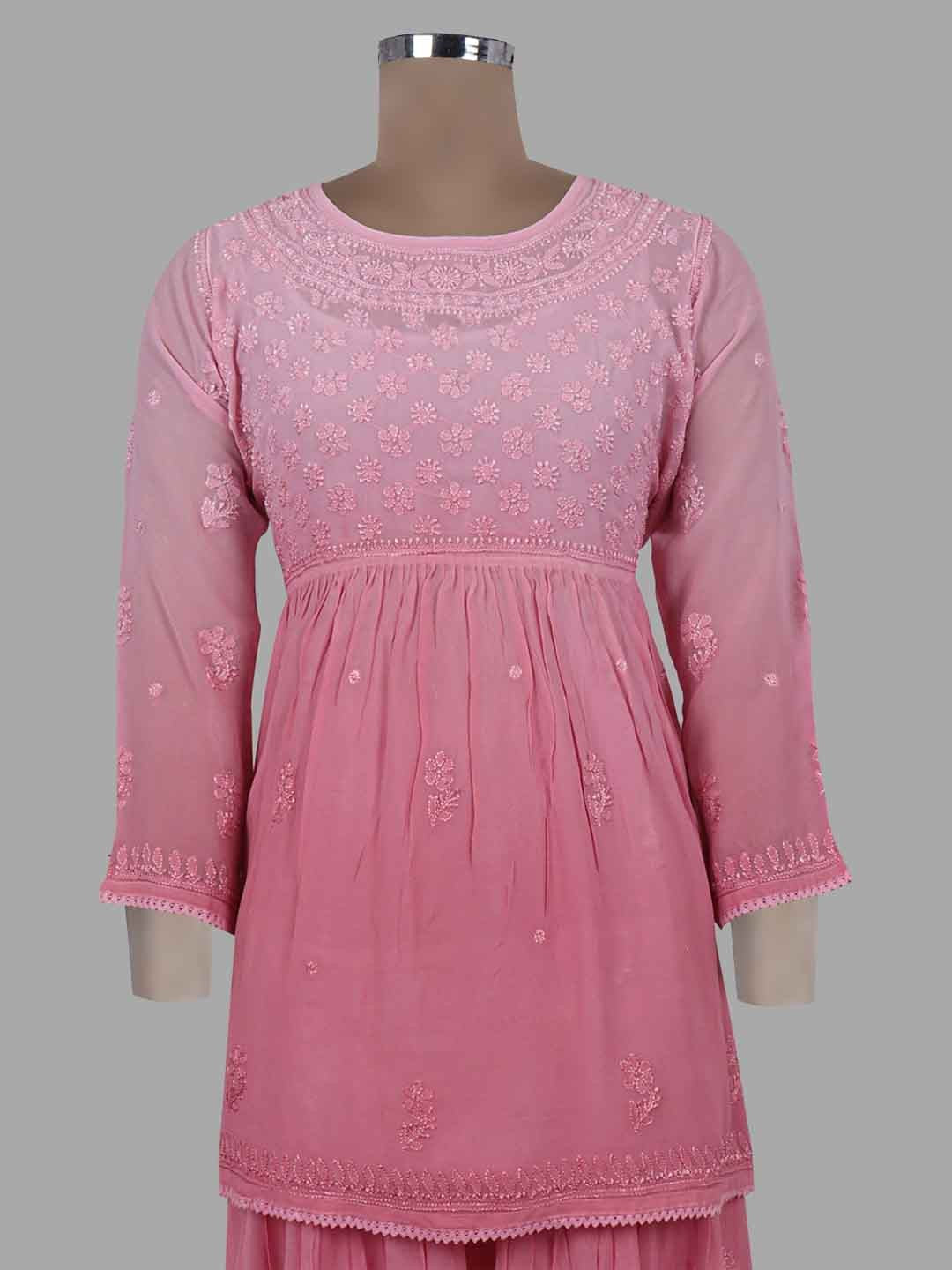 Ada Hand Embroidered Onion Pink Viscose Georgette Lucknowi Chikankari Kurta Dupatta And Palazzo Set 01A220225