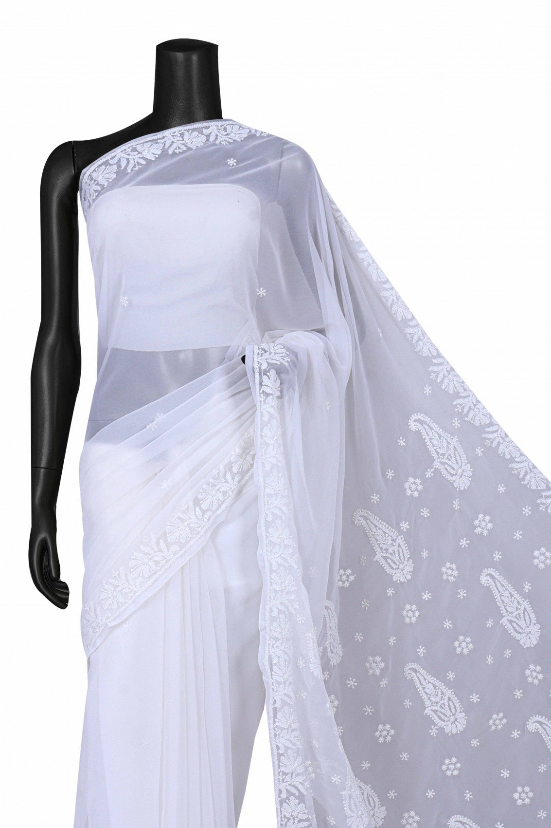 Ada Hand Embroidered White Georgette Lucknowi Chikankari Saree With Blouse A170290