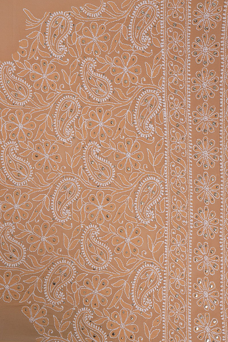 Ada Hand Embroidered Fawn Pure Georgette Lucknowi Chikankari Lehenga Set With Muqaish Work A578331