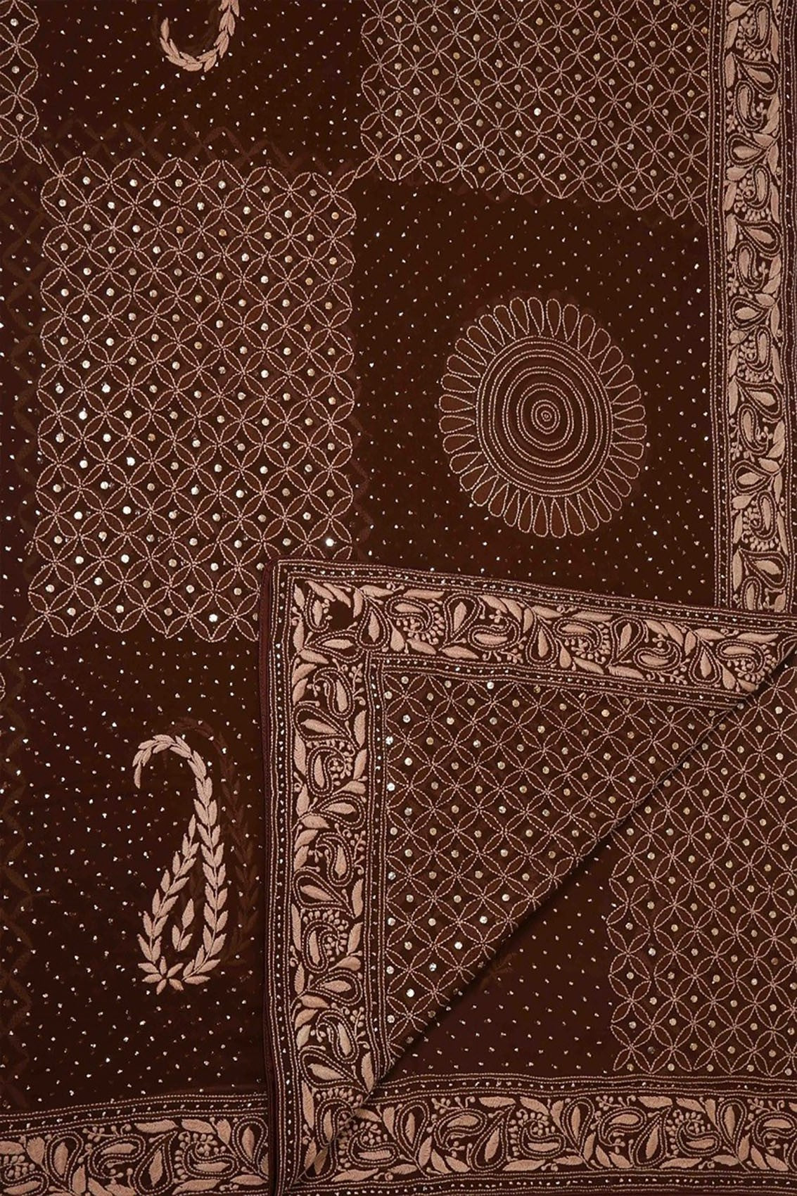 Ada Hand Embroidered Dark Brown Pure Georgette Lucknowi Chikankari Dupatta With Muqaish Work A430703