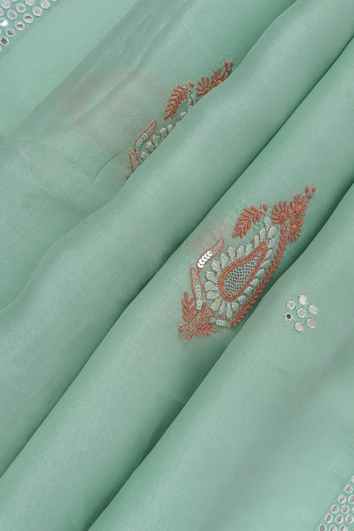Ada Hand Embroidered Tea Green Organza Lucknowi Chikankari Saree/Blouse With Mirror Work A600720