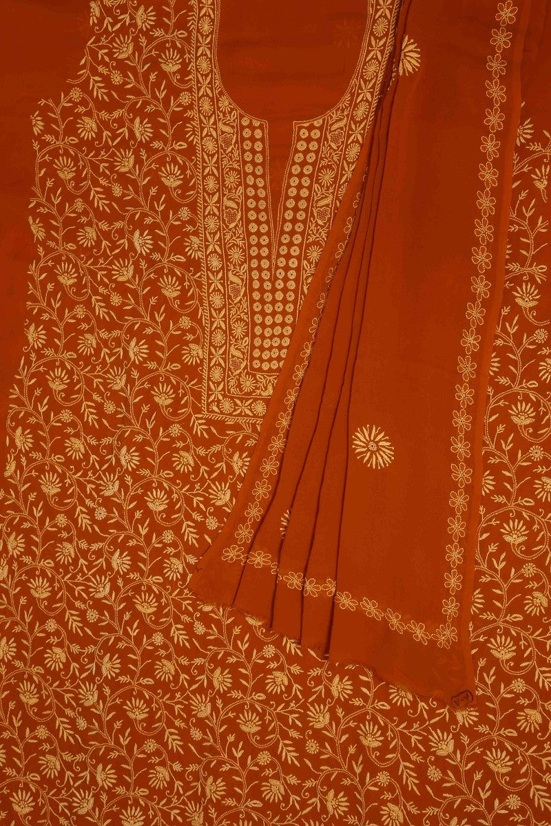 Ada Hand Embroidered Rust Pure Georgette Lucknowi Chikan Unstitched Kurta Dupatta Set A480978