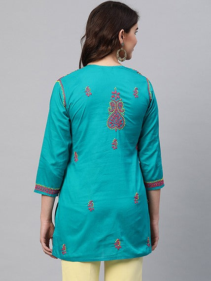 Ada Hand Embroidered Green Cotton Lucknowi Chikankari Straight Kurti A226855