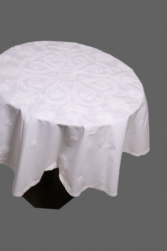 Ada Hand Embroidered White Cotton Lucknowi Chikankari Table Cover A478298